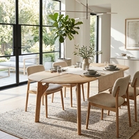 Table à manger ovale moderne en teck, design élégant et courbé, luxe rustique contemporain, décoration intérieure, utilisation hôtelière, durable, écologique