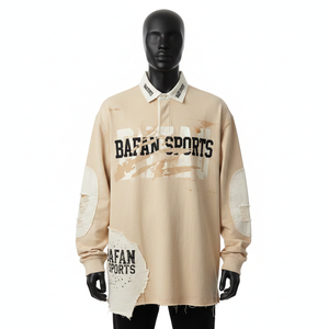 Maillot de rugby pour homme en coton épais tricoté, avec empiècements beiges, imprimé vieilli, logo personnalisé, coupe premium, idéal pour les polos. - Product Image 1