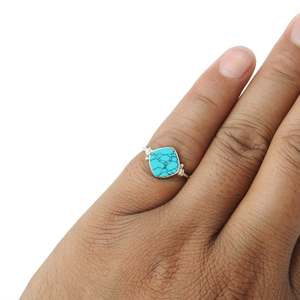 Natural <b>Turquoise</b> Gemstone Art Deco Band <b>Ring</b> Crafted From 925 Sterling Silver Precious Cushion Cut Gemstone Bohemian <b>Ring</b> - Product Image 2