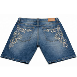 Manufacturer Custom 100% Cotton Double Knee Distressed Vintage Acid Wash Baggy Rhinestone Jorts Denim <b>Jeans</b> Shorts for <b>Men</b> - Product Image 2