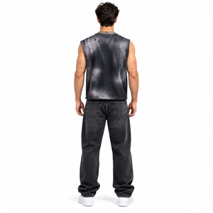 Débardeur graphique vintage noir délavé pour homme avec imprimé étoile rouge, style streetwear déchiré - Product Image 2