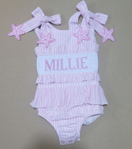 Personalized Embroidered Pink Striped Halter Swimwear With Ruffles And Star Appliques For Girls Summer <b>Swim</b> Suit - Product Image 1