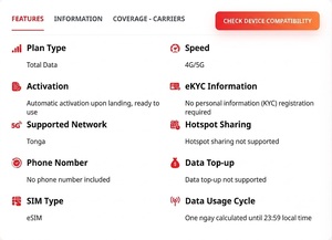 ซิมอีซิม Tonga แบบไม่จำกัดข้อมูล 3 5 7 10 15 วัน – อินเทอร์เน็ตความเร็วสูง 4G/5G สำหรับการเดินทาง, คิวอาร์โค้ดทันที & ส่งอีเมลรวดเร็ว - Product Image 2