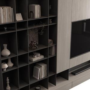 <span class=keywords><strong>Meuble</strong></span> <span class=keywords><strong>TV</strong></span> flottant sculptural KEJIA avec intégration murale à lattes tactiles et base à texture minérale pour projets résidentiels - Product Image 3