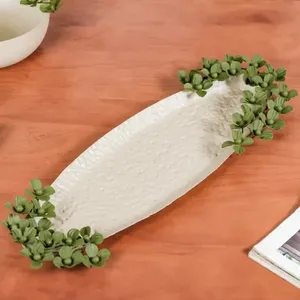 Plateau décoratif ovale texturé blanc fait main avec bordure florale verte pour centre de table de salon moderne et décoration de coiffeuse - Product Image 4