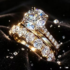 Juego de Anillos de Compromiso de Lujo de 3 Piezas con Diamantes Cultivados en Laboratorio de Corte Redondo, Oro Amarillo de 14K, Anillo de Eternidad Apilable - Product Image 6