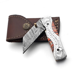 Couteau pliant en acier Damas avec gravure sur le dos, manche en résine orange, couteau de poche pour la chasse et le camping, fabricant - Product Image 1