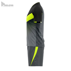 Ensemble d'uniformes de football personnalisés par sublimation, maillot et short unisexe vert néon à chevrons, kit d'équipe de match gris et noir dégradé - Product Image 2