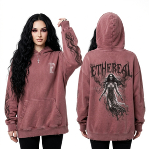 Sweat à capuche gris anthracite personnalisé pour femme, motif graphique zombie horrifique vieilli, coupe oversize, délavé à l'acide, style streetwear gothique - Product Image 4