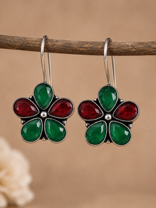 Wholesale Flower Dangle <b>Earrings</b> Red Green Gemstone Oxidized Silver <b>Hook</b> <b>Earrings</b> for Women - Product Image 3