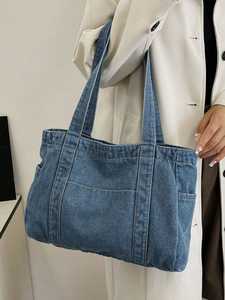 <b>Beach</b> Use And Market <b>Large</b> Capacity Light Blue Denim Cotton Canvas Tote <b>Bag</b> For Women Travel Shopping Shoulder Tote <b>Bag</b> Bulk - Product Image 5