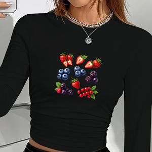 Camiseta de Manga Larga para Mujer, Estilo Y2K, Cuello Redondo, Estampado de Bayas, Tejido de Punto con Spandex y Poliéster, Moda Primavera-Verano - Product Image 2