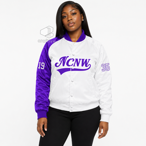 NCNW Sorority Women's <b>Purple</b> White Contrast Satin <b>Varsity</b> <b>Jacket</b> Snap Button Front Rib Knit Collar Cuffs College Wear - Product Image 5
