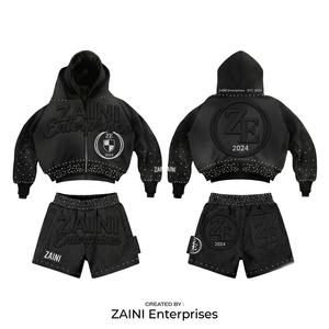 Ensemble court à capuche zippé en molleton de coton noir 340 GSM de qualité supérieure avec logo personnalisé en caoutchouc en relief, streetwear respirant pour homme, idéal pour l'hiver - Product Image 1