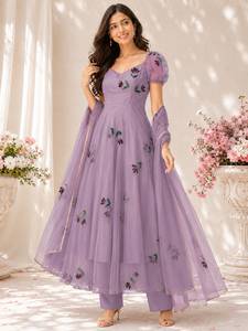 Georgette anarkali ชุดสูทที่มีปีกขนาดใหญ่พร้อมกางเกงและมือพิมพ์ georgette dupatta พร้อมที่จะสวมใส่ชุด - Product Image 1