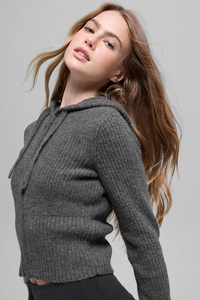 Suéter de Punto con Capucha y Cierre para Mujer, Color Sólido, Manga Larga, Corto, Antipilling, Ecológico, para Otoño e Invierno - Product Image 3