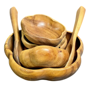 Ensemble de saladiers en bois d'acacia naturel avec ustensiles, 3 pièces, bords festonnés, écologiques, durables, faits à la main - Product Image 1