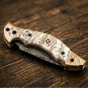 Premium Handmade Damascus Steel Folding Pocket <b>Knife</b> with Engraved <b>Bone</b> <b>Handle</b> Leather Sheath Wholesale Utility A&M ENTERPRISES - Product Image 2