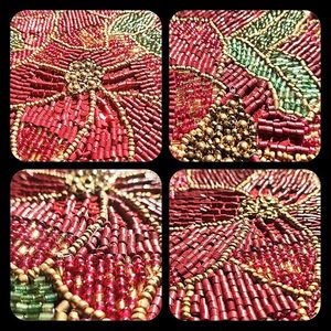 แผ่นรองจานลายดอกไม้สีแดงทอง ดีไซน์คริสต์มาส ทำด้วยมือจากผ้ารูปทรงดอกไม้ สำหรับตกแต่ง - Product Image 5