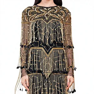 Vintage Beaded Tassel Tea-Length Gown O-Neck Full Sleeve Sheath <b>Dress</b> Organza Geometric Pattern Knee-Length Evening <b>Dress</b> - Product Image 6