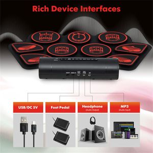Set di Batteria Elettrica Pieghevole a 9 Pad per Principianti, Connessione MIDI USB, Doppi Altoparlanti Stereo, Nero e Rosso, con Tamburo in Silicone - Product Image 5