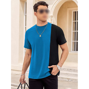 T <b>Shirt</b> Bright Blue Black Vertical Half Split Colorblock Short Sleeve Casual Crew Neck Top - Product Image 5