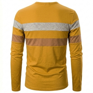 Mens Multi Color Striped Henley Shirts Long Sleeve Crew Neck Button Tee Comfortable Cotton Patchwork Yellow Urban Pullover Tops - Product Image 3