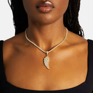 Iced Out <b>Angel</b> Wing Pendant Necklace | Gold Plated Wing Pendant with Tennis Chain | Hip Hop Luxury Necklace for Men & Women - Product Image 2