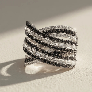 Bague unisexe en obsidienne luxe, diamant noir naturel, diamant noir taille brillant blanc, croix de diamants noirs, plaqué rhodium, argent sterling 925 - Product Image 4
