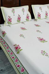 100% coton bio main bloc impression King Size blanc Floral drap de lit ensemble avec taies d'oreiller pour la décoration intérieure - Product Image 3