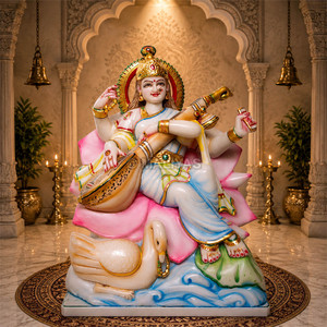 Estatua de Veena Dharini Saraswati en Mármol |   Murti de Saraswati en Mármol Blanco |   Ídolo de la Diosa Saraswati para el Hogar y el Templo - Product Image 1