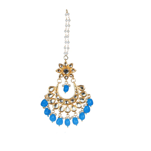Ethnic Style Alloy Maangtikka With <b>Blue</b> <b>Beads</b> And Pearl Chain Handmade For Wedding Bridal Occasion - Product Image 1