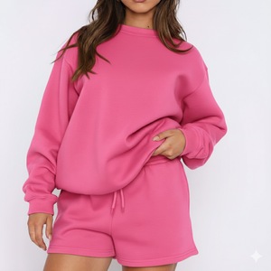Ensemble décontracté 2 pièces en polaire rose pour femme : sweat-shirt à col rond et manches longues coupe ample de couleur unie avec poche, idéal pour l'été - Product Image 1