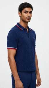 Chemise décontractée pour homme Oneten, bleu marine, tricotée, à manches longues, rayée, avec logo imprimé par transfert thermique sur le devant - Product Image 4