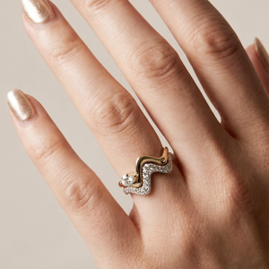 Geometric Wavy Two Tone <b>Ring</b> Premium Curved Solitaire Guard Band <b>Set</b> High Quality Modern Luxury Fine Women Jewelry - Product Image 3