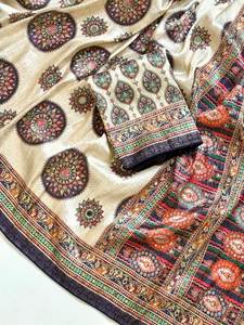 Sari de Seda Dola Suave de Diseño con Estampado Digital, Bordado Completo con Espejos y Tejido Jacquard - Product Image 5