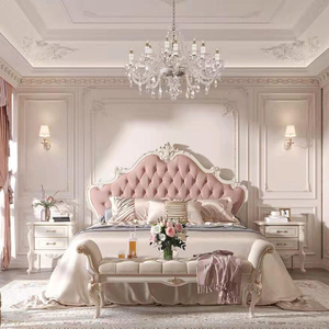 French European Elegant Pink Chesterfield Style Solid Mahogany Hand Carved King Size Bedroom Set for Hotel and Villa Use - Product Image 3