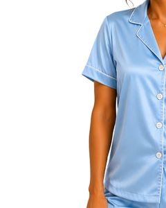 Conjunto de Pijama de Satén Azul Cielo Personalizado por el Fabricante, Ropa de Dormir de Seda para Mujer, Conjunto de Pijama de Manga Corta con Bordado de Osito de Peluche - Product Image 3