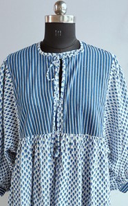 Women's <b>Loose</b> Fit Striped And Floral Print Midi <b>Dress</b> Tie Neck Puff Sleeve Casual Summer Woven Cotton Breathable <b>Dress</b> - Product Image 5