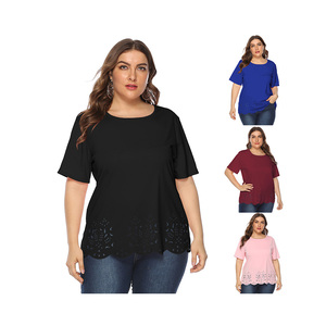 T-shirt décontracté pour femme grande taille à manches courtes, col rond, coupe ample, tricoté, couleur unie, ourlet en dentelle, toutes saisons - Product Image 1