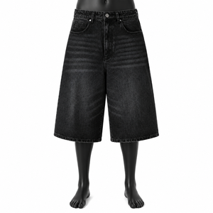 Pantalones Cortos de Mezclilla Negros Lavados Personalizados al por Mayor para Hombre, Estilo Ancho y Holgado, Ropa Urbana, Fabricante OEM ODM - Product Image 1