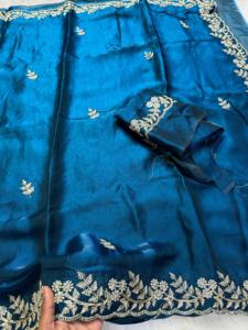 Indian Traditional Ethnic Beautiful Elegant Satin Silk Saree Embroidery Work for Partywear <b>Wedding</b> Occasion Women Fancy Trendy - Product Image 3