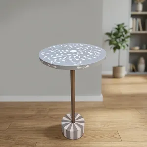 <b>Round</b> Gray <b>Wood</b> Side <b>Table</b> with Floral Bone Inlay Top Brass Metal Pedestal and Decorative Base Modern Accent Furniture - Product Image 5