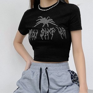 New Eco-Friendly Summer Ladies Streetwear <b>Rhinestone</b> <b>Crop</b> <b>Tops</b> <b>with</b> Bare Midriff Bling 100% Cotton for Women - Product Image 1