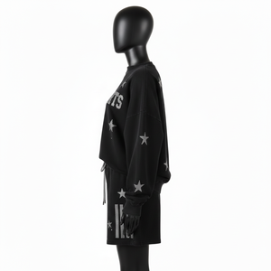 Conjunto de Sudadera y Pantalones Cortos de Felpa de Algodón Negro de 320 GSM para Mujer, con Logotipo de Diamantes de Imitación, Ropa Urbana Personalizada - Product Image 3