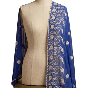 Women's Blue Chiffon <b>Shawl</b> Floral Embroidered Lightweight Breathable Ethnic Scarf Daily Wear Hijab <b>Wrap</b> Elegant Style - Product Image 2