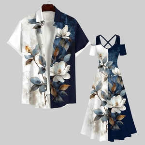 Tenues Assorties Personnalisées pour Couples, Imprimé Floral Décontracté d'Été, Chemise Hawaïenne à Manches Courtes pour Homme et Femme, Îles du Pacifique - Product Image 2