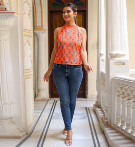 Top de Algodón Naranja para Mujer, Estampado Floral, Corte Regular, Cuello Mao, Diseño sin Mangas, para Uso Casual de Verano - Product Image 1
