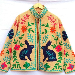 Cotton Velvet Suzani Embroidered Hand-<b>Stitched</b> Fabric Regular-Length Casual Unisex Winter Women Party Wear <b>Coat</b> - Product Image 4
