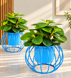 Pot de fleurs moderne en métal bleu avec support géométrique sphérique décoratif pour l'intérieur, l'extérieur, la maison, le jardin, le balcon - Product Image 1